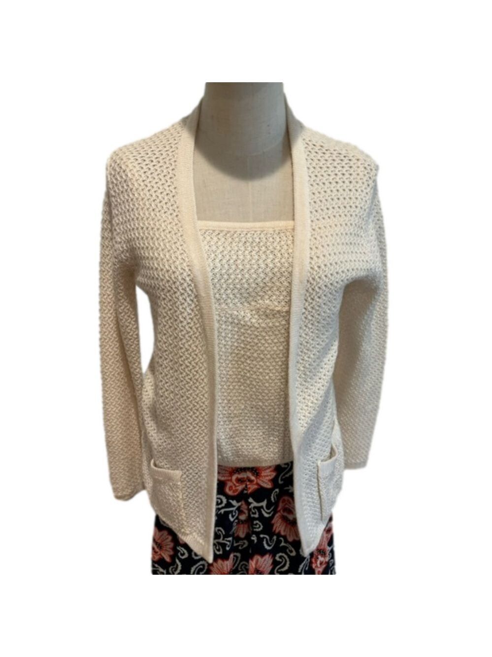 1973 VINTAGE LACEY WOVEN KNIT CREAM CAMISOLE SWEATER SET LUXURY BRAND SEVRES XS